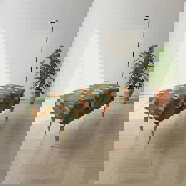 Designer fabric bench with durable solid wood legs and seamless top