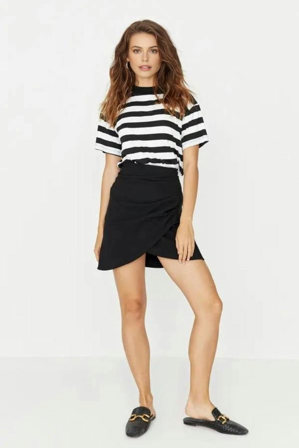 WOVCOR Double-Breasted Mini Woven Skirt with Front Gathering Detail