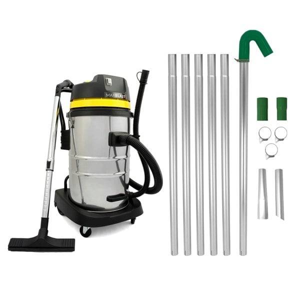 Gutter vacuum poles and a 50L wet and dry vacuum with stainless steel body, flexible hose, and various attachments for cleaning tasks