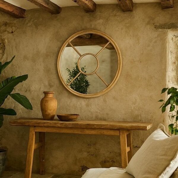 Wyld Haus Large Natural Industrial Round Wooden Windowpane Mirror