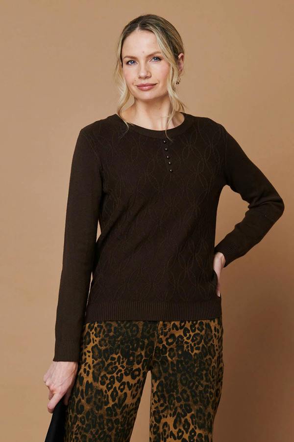 Brown | Pearl Detail Textured Long Sleeve Top