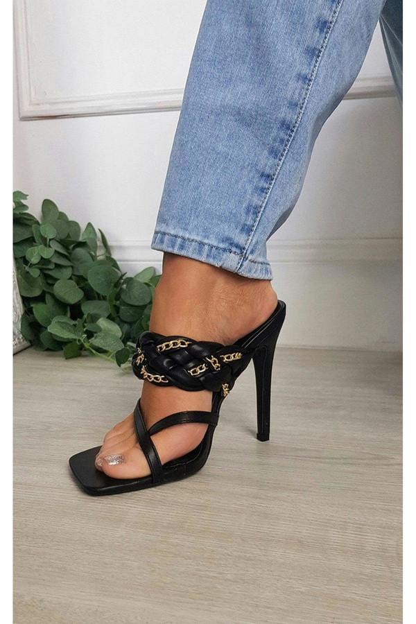 Ashley Braided Slip On Mule With Chain Detail - Black Pu