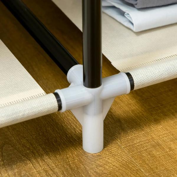 White plastic connectors securing a fabric wardrobe frame and rod supports