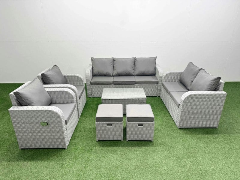 Fimous PE Rattan Garden Furniture Set Adjustable Chair Sofa Double Love Seat 2 Seater Sofa Lounge Set Oblong Coffee Table 2 Stools Light Grey