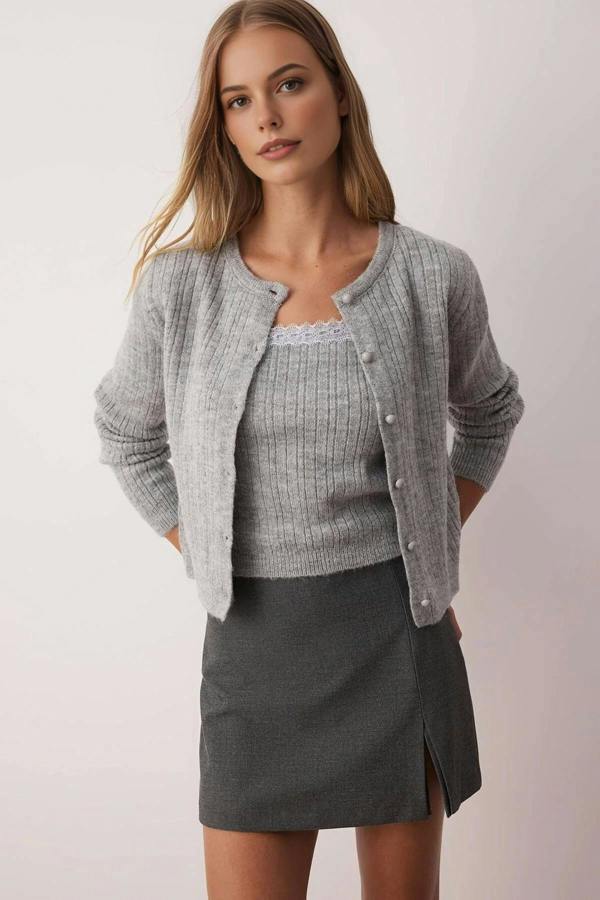 WOVCOR 2-Piece Square Neck Cardigan-Blouse Knit Set with Lace Garnish