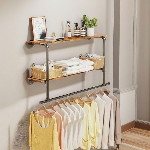 Rafaelo Mobilia Industrial Wall-Mounted Clothes Hanging Rail Brown