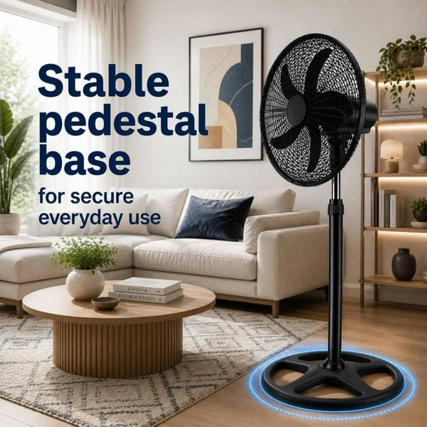 Dyzi 18 Inch 70W Pedestal Fan 3 Speed Oscillating Adjustable Black