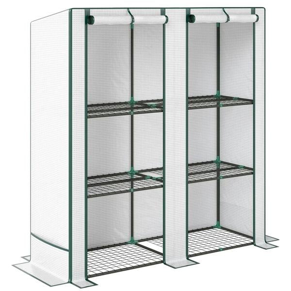 Three-tier mini greenhouse with white cover, green frame, and four wire shelf levels