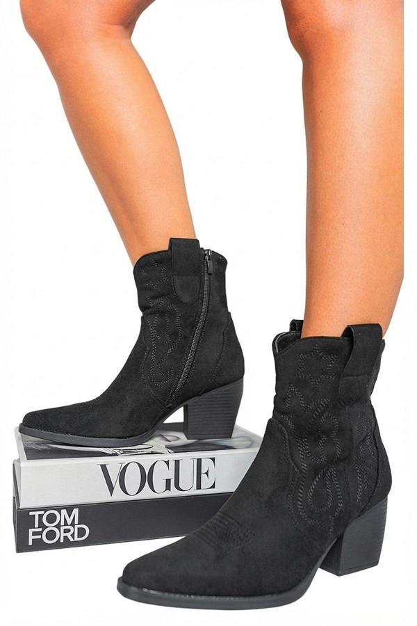 Laura Suede Cowboy Ankle Length Boots - Black_wb