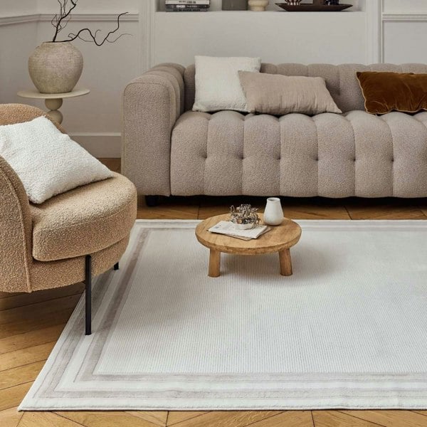 Bordered Living Room rug, beige-cream colours, stain-resistant and non-shedding