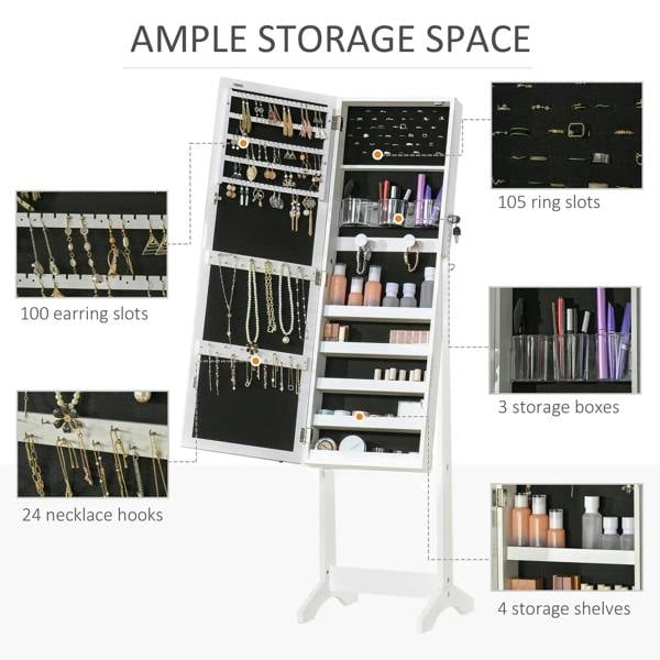 White lockable jewelry cabinet with open doors, ring slots, hooks, and shelves