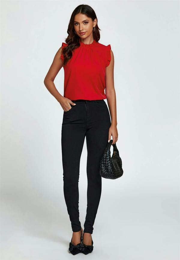 FS Collection Frill Trim Sleeve Frill Neck Blouse Top In Red