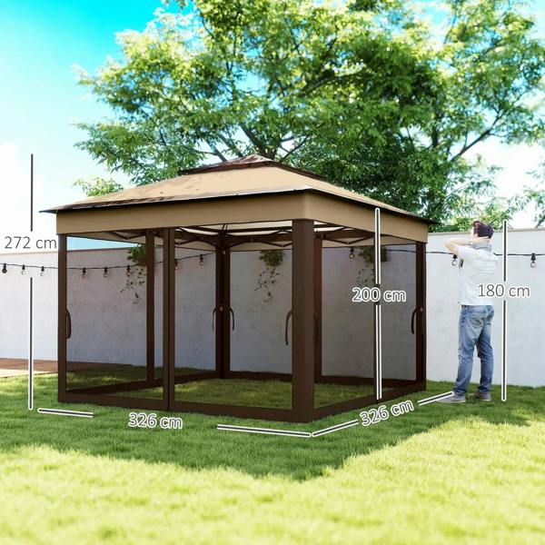 Beige pop-up gazebo with dark brown frame and sheer side curtains, open front view