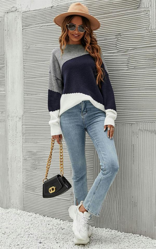 FS Collection Navy & White Block Colour Jumper Top In Grey