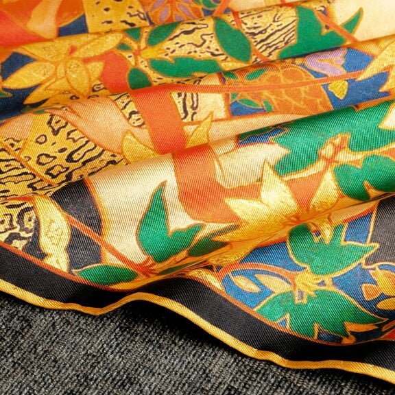 Otway & Orford 'The Hunt' silk pocket square in gold, orange, green & blue (42 x 42cm)