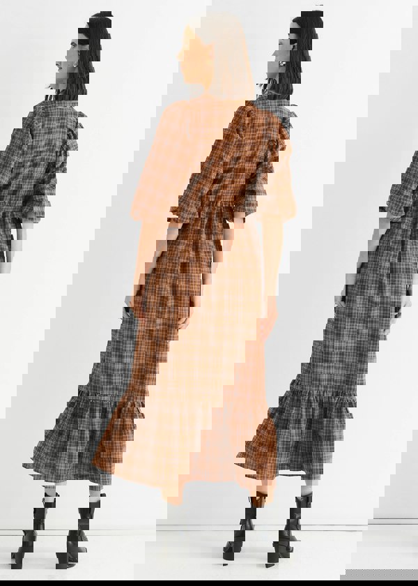 Gini London Brown Cotton Puff Sleeves V Neck Midi Dress