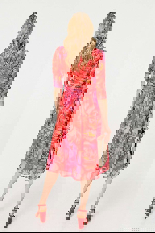 Orange | Floral Mesh Ruched Midi Faux Wrap Dress