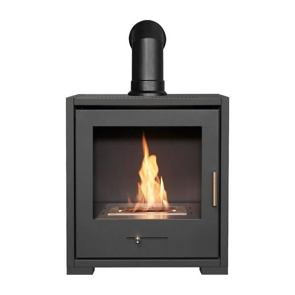 OKO S3 Bio Ethanol Stove in Charcoal Grey with Angled Stove Pipe