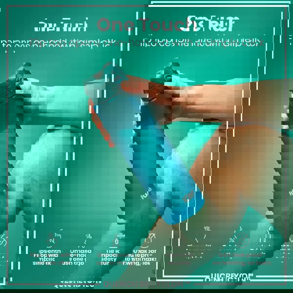 A teal water bottle is held; its flip top opens one-handed. The context is a promotional graphic highlighting ease of use and leakproof design. "One Touch," "Flips open with a simple click," "One-handed use on the go," "Triple lock security," "100% leak proof - no twisting, no leaks," "QUENCH RECYCLON™" are present.