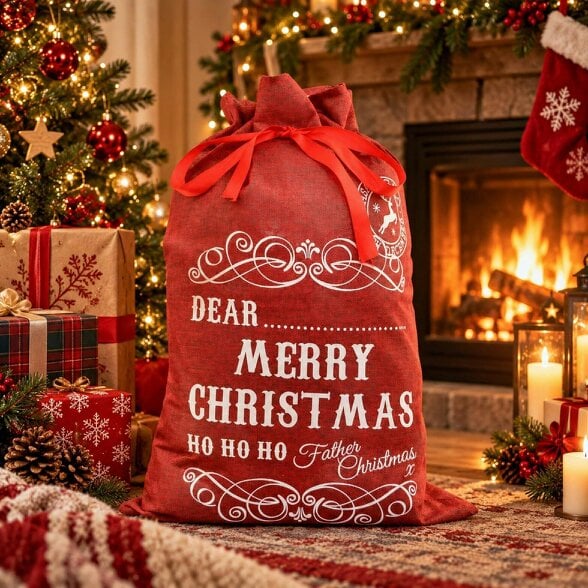 Shatchi 31cm Red Christmas Gift Sack with Ribbon Tie for Personalised Festive Present Wrapping
