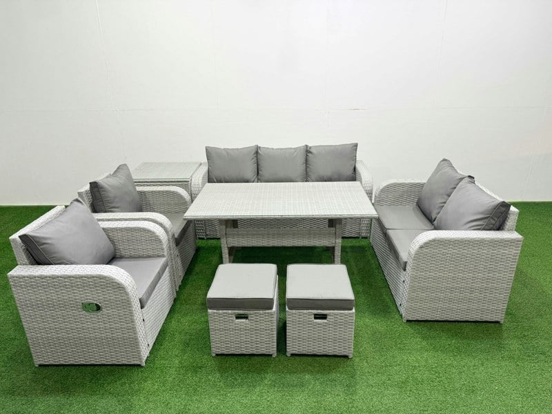 Fimous Light Grey PE Rattan Outdoor Lounge Set - Reclining Chair, Double Loveseat, Rectangular Dining Table, 2 Stools & Side Table