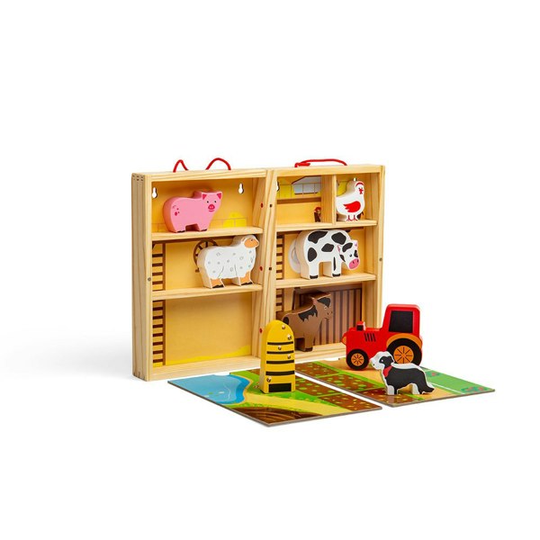 Bigjigs Toys Wooden Farm Play Box With 5 Farm Animals & 2 Fold-Out Play Mats