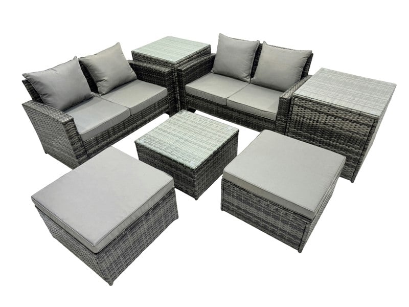 Fimous PE Rattan Garden Furniture Set Lounge Double Seat Sofa Coffee Table Set with 2 Side Tables 2 Big Stools Dark Grey Mixed
