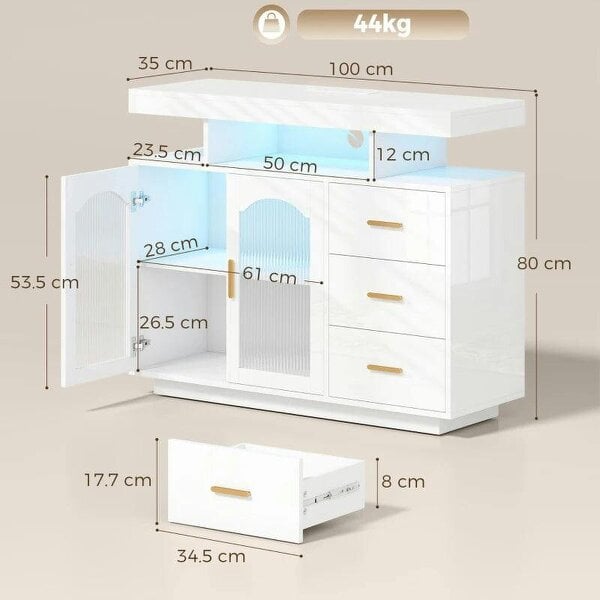 High Gloss Sideboard with LED Lights, Built-in Power Outlets, 3 Drawers, Shelves and 2 Acrylic Doors, White