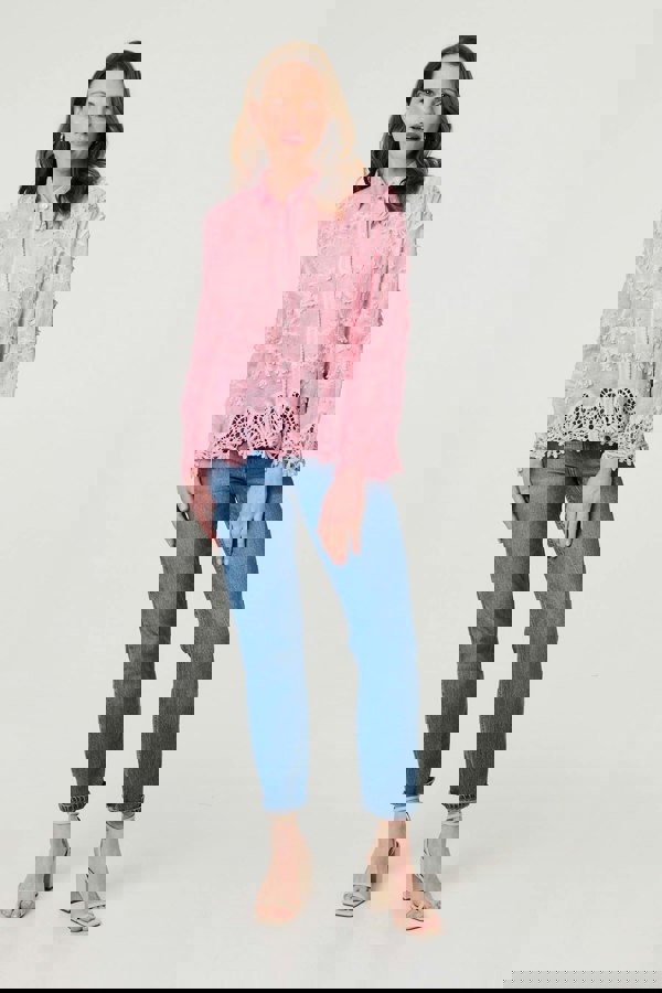 Pink | Embroidered Lace Long Sleeve Shirt
