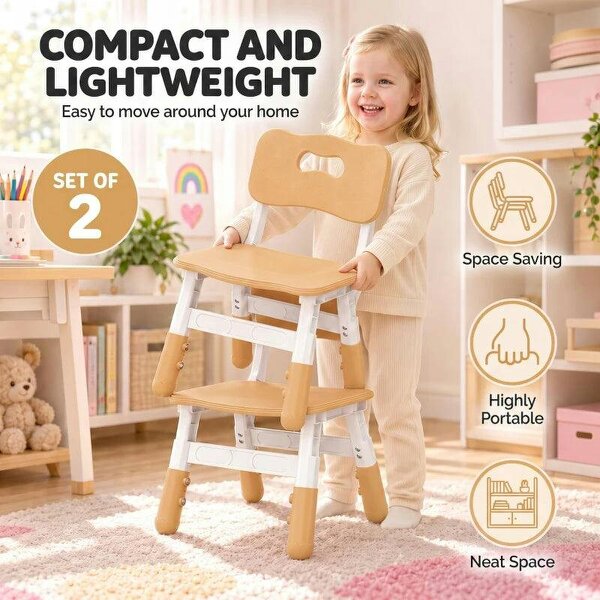 2 PCS Kids Desk Chairs, 3 Level Height Adjustable Children's Chairs with Backrest for 1.5-8 Years, Max Load 50KG, Brown