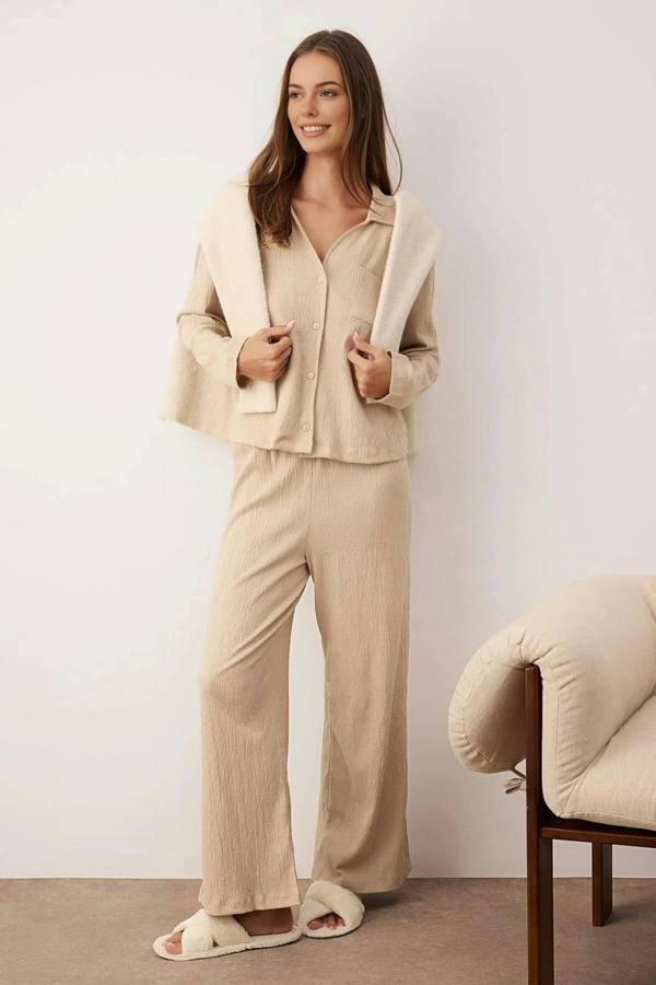 WOVCOR 2-Piece Pocket Shirt Collar Crinkle Textured Knitted Pajama Set