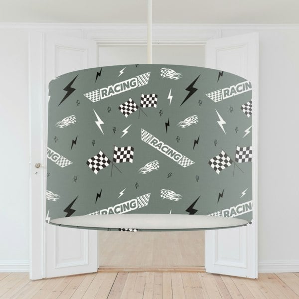 Racing Lampshade, Black, White and Green, Nursery Children's Bedroom, Drum Ceiling Lamp Light Shade