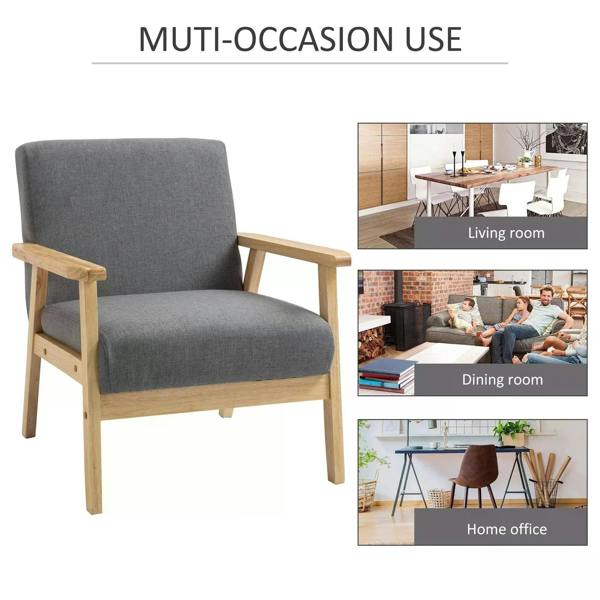 Grey upholstered accent chair with padded seat and light wood frame