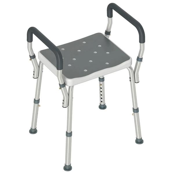 Grey aluminium bath seat with armrests and perforated seat