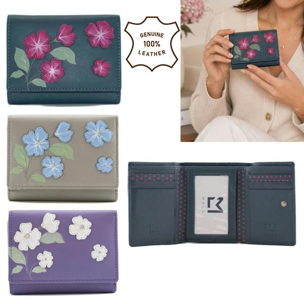 Mala Leather Sakura Japanese Flowers Compact Leather Tri-Fold Purse for Women