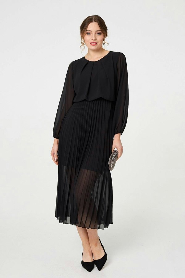 Black | Semi Sheer Pleat Long Sleeve Midi Dress

