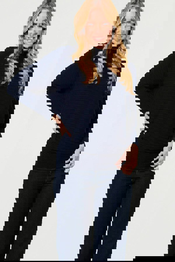 Navy | Striped Texture High Neck Relaxed Jumper
