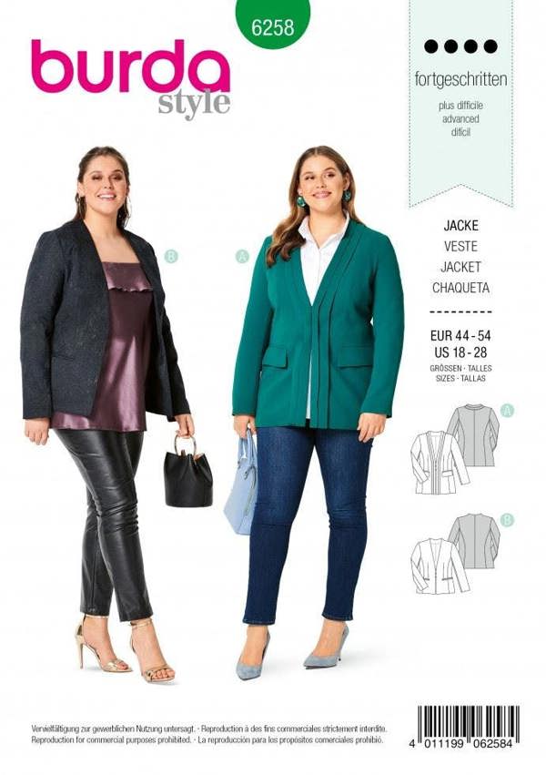 Burda Sewing Pattern 6258 Jackets For Women, 44 to 54 - Advanced