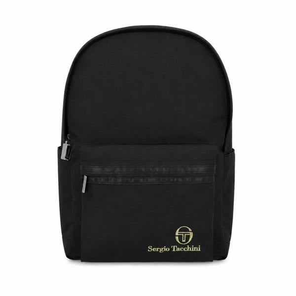 Black Sergio Tacchini Geo backpack with a front zip pocket and gold embroidered logo on a durable fabric exterior.
