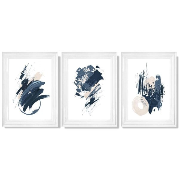 Abstract Set of 3 Minimal Blue Oil Painting Framed Art Prints with Glossy White Frames