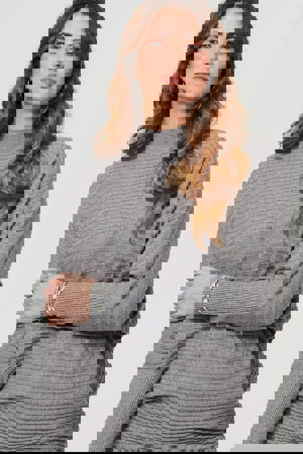 Grey | Striped Texture High Neck Relaxed Jumper
