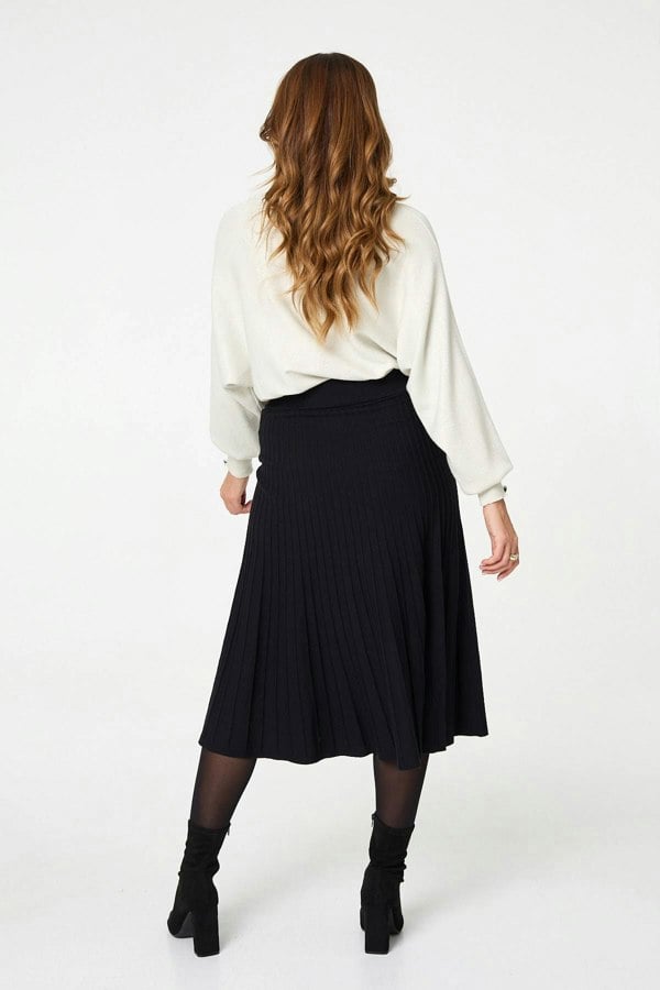 Black | High Waist Pleated Knit Midi Skirt
