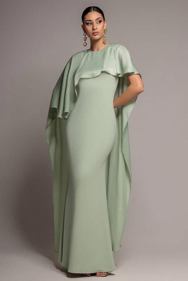 Goddiva Scoop Neck Velvet Satin Cape Sleeve Maxi Dress - Sage Green DR5074