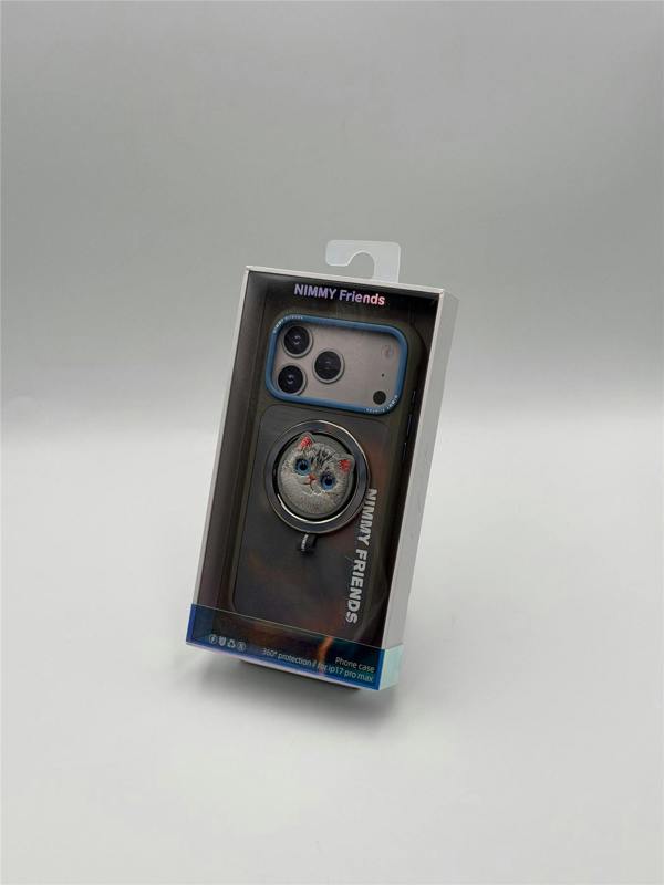 Nimmy Friends Nimmy Big Eye Cute Pet Silver Shaded Cat Face Case with Detachable MagSafe Grip for iPhone 17 Pro Max 6.9" Grey Blue
