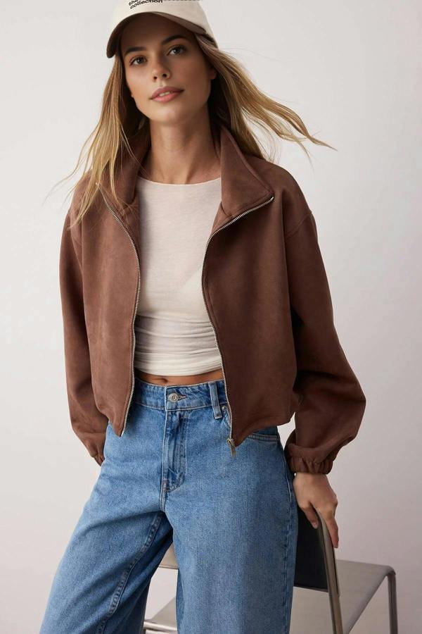WOVCOR Zip-Up Unlined Regular Fit Knitted Suede Jacket
