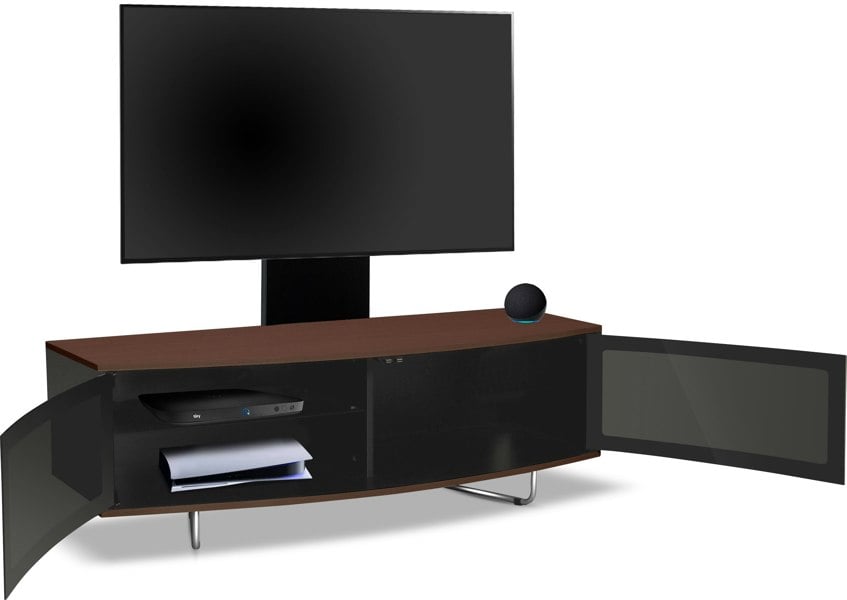 Centurion Supports Caru Black Walnut Beam-Thru Remote Friendly Super-Contemporary D Shape Design 32"-65" LED/OLED/LCD TV Cabinet with Mounting Arm
