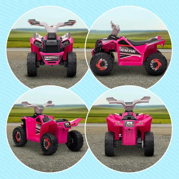 Pink quad bike shown in four angles, handlebars and four rugged wheels visible