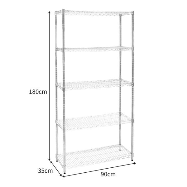 Sturdy KuKoo wire racking unit in silver, measuring 35cm x 90cm x 180cm, features four open shelves for versatile storage