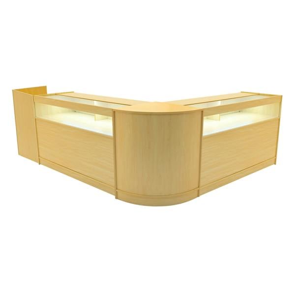 Luna LED Shop Counter Set in maple finish features a modern design with curved edges, glass display sections, and integrated lighting
