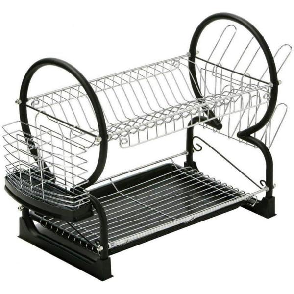 Dyzi 2 Tier Dish Drainer Rack with Utensil Cup Holder Draining Tray Chrome